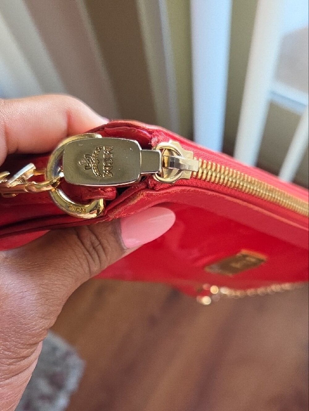 MCM Patent Shoulder Bag in Deep Red with Gold Chain - Picture 11 of 14